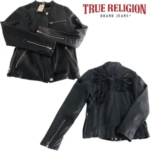 🔥TRUE RELIGION 100% Leather Sequin Motorcycle Jacket Phoenix Embroidery Black S