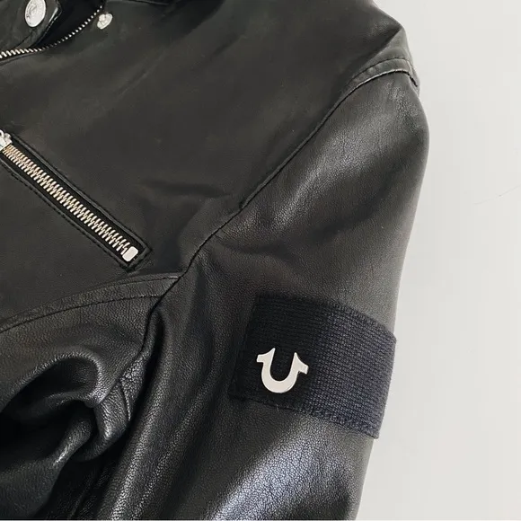 🔥TRUE RELIGION 100% Leather Sequin Motorcycle Jacket Phoenix Embroidery Black S