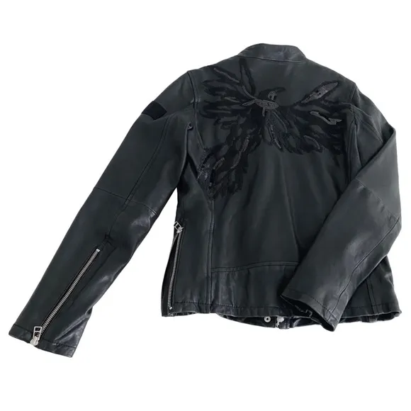 🔥TRUE RELIGION 100% Leather Sequin Motorcycle Jacket Phoenix Embroidery Black S