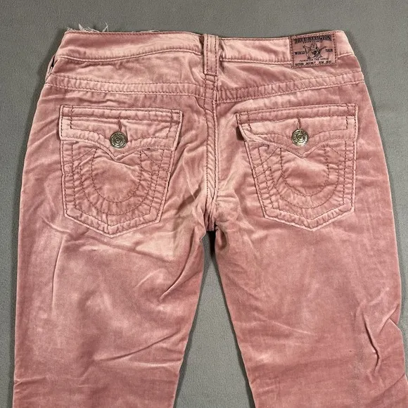 True Religion Joey Big T Velour Flare Leg Pants Sz 31x30 Pink‎ Bootcut Flaps USA