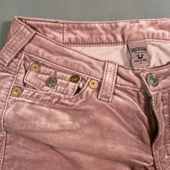 True Religion Joey Big T Velour Flare Leg Pants Sz 31x30 Pink‎ Bootcut Flaps USA