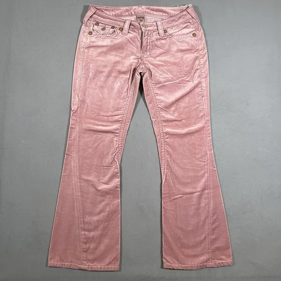 True Religion Joey Big T Velour Flare Leg Pants Sz 31x30 Pink‎ Bootcut Flaps USA