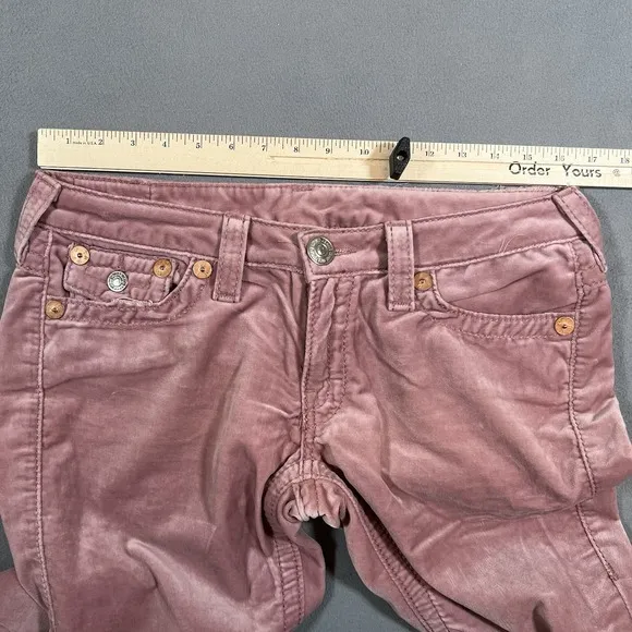 True Religion Joey Big T Velour Flare Leg Pants Sz 31x30 Pink‎ Bootcut Flaps USA
