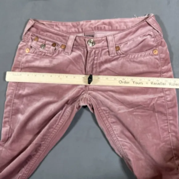 True Religion Joey Big T Velour Flare Leg Pants Sz 31x30 Pink‎ Bootcut Flaps USA