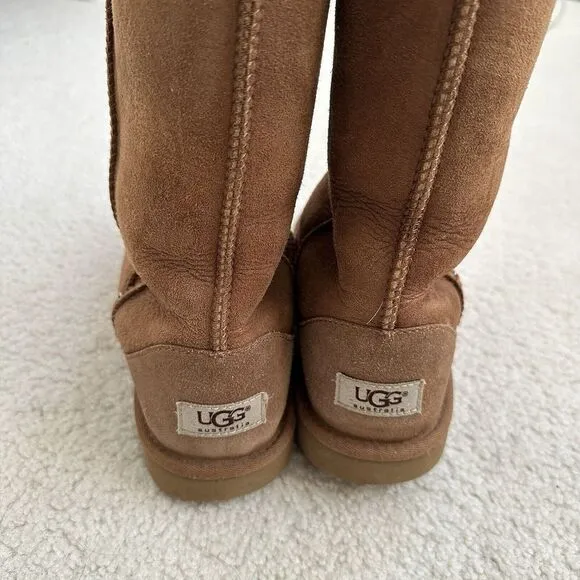 UGG Australia Girls Brown Classic Tall Winter Boots Leather Sheepskin Lined Sz 6
