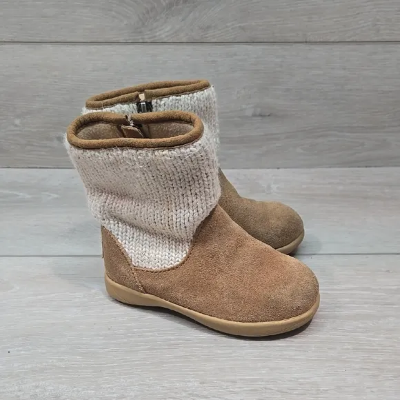 Ugg Australia Kids Girl Cozy Knit Tan Leather Boots Shoes Sz 7 Toddler