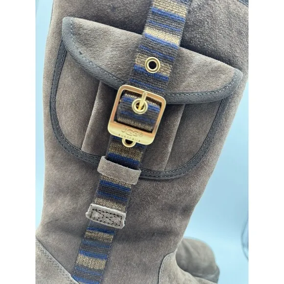 UGG Australia Women’s Brown Suede Cargo Tall Zip Sheepskin Boots SIZE 8
