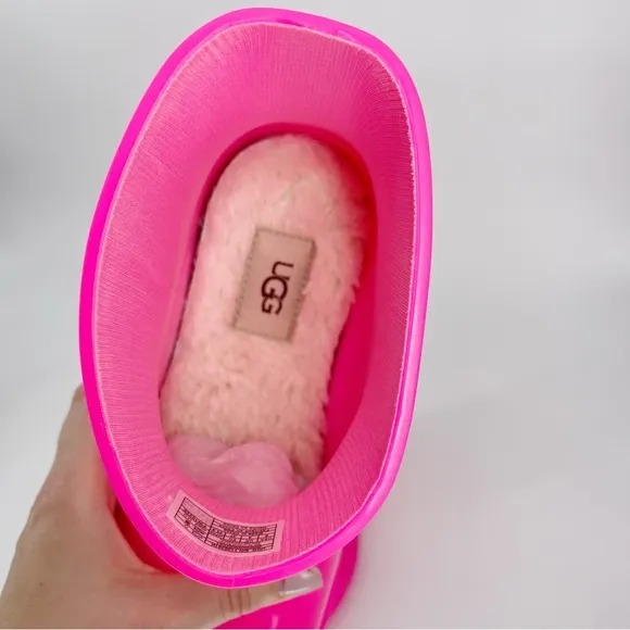 Ugg Big Kids Drizlita Rain Boots Pink Sherpa Lined Waterproof Shoes Women’s 7, 8