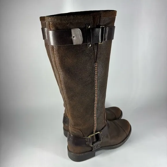 Ugg Boots Womens 5.5 Suede Tall Boot Harness Sheepskin Equestrian Travel Winter