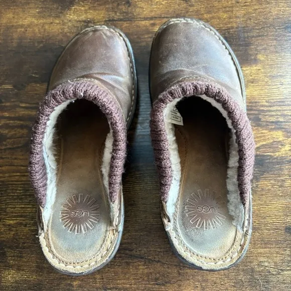 Ugg Brown Gael Wool Lined Leather Slip-on Clog Mules Size US 7 EU 38