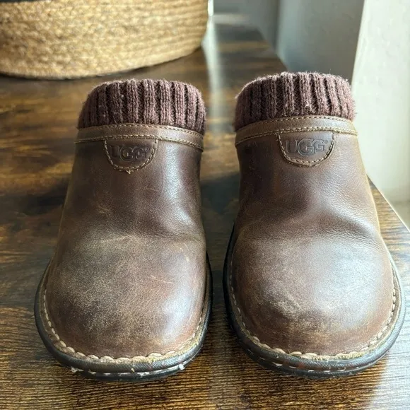 Ugg Brown Gael Wool Lined Leather Slip-on Clog Mules Size US 7 EU 38