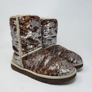 UGG Classic Short Boots Sparkle Brown Sequin Gold 3353 Sherpa Lined size 8
