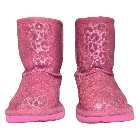 UGG classic short PINK Leopard suede boots girl’s size 12