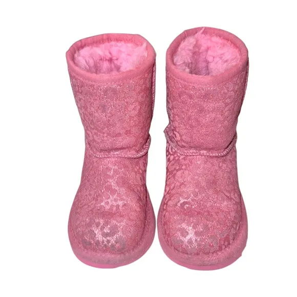 UGG classic short PINK Leopard suede boots girl’s size 12