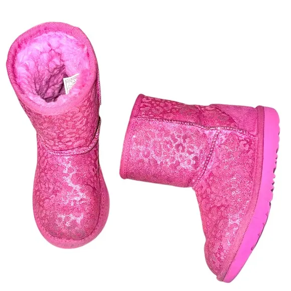 UGG classic short PINK Leopard suede boots girl’s size 12