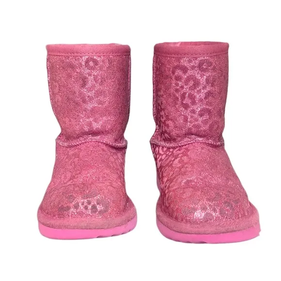 UGG classic short PINK Leopard suede boots girl’s size 12
