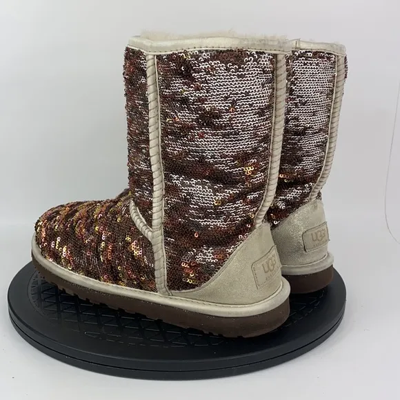 Ugg Classic Short Sparkles 3353 Reversible Sequin Boots Copper Women's Size  6