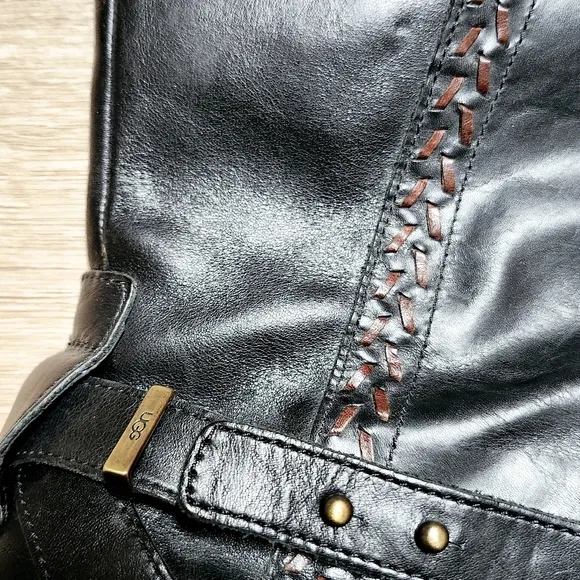 UGG Claudine Black Leather Woven Heeled Tall Knee High Boots Size 8