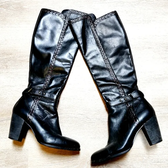 UGG Claudine Black Leather Woven Heeled Tall Knee High Boots Size 8