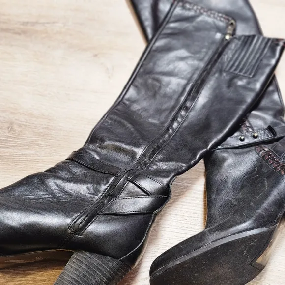 UGG Claudine Black Leather Woven Heeled Tall Knee High Boots Size 8