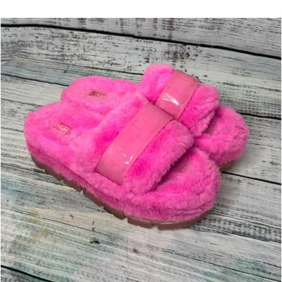 UGG Fluffita Clear 2.75&quot; Platform Slippers 1131971 Carnation Pink Sz 9