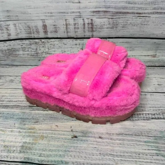 UGG Fluffita Clear 2.75&quot; Platform Slippers 1131971 Carnation Pink Sz 9