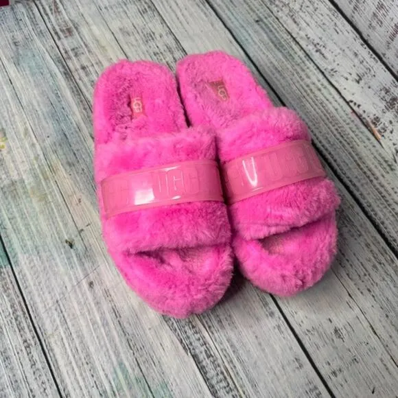 UGG Fluffita Clear 2.75&quot; Platform Slippers 1131971 Carnation Pink Sz 9
