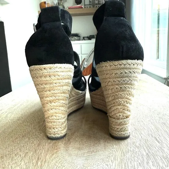 UGG Lauri Suede Platform Espadrille Wedge Sandals Black Strappy Buckle Size 7