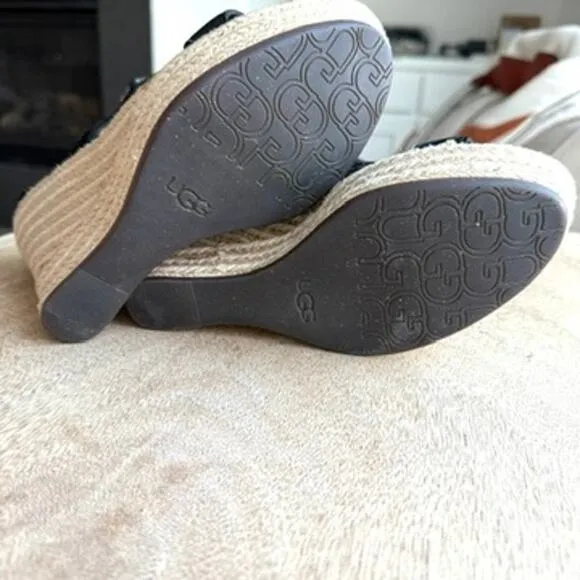 UGG Lauri Suede Platform Espadrille Wedge Sandals Black Strappy Buckle Size 7