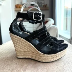 UGG Lauri Suede Platform Espadrille Wedge Sandals Black Strappy Buckle Size 7