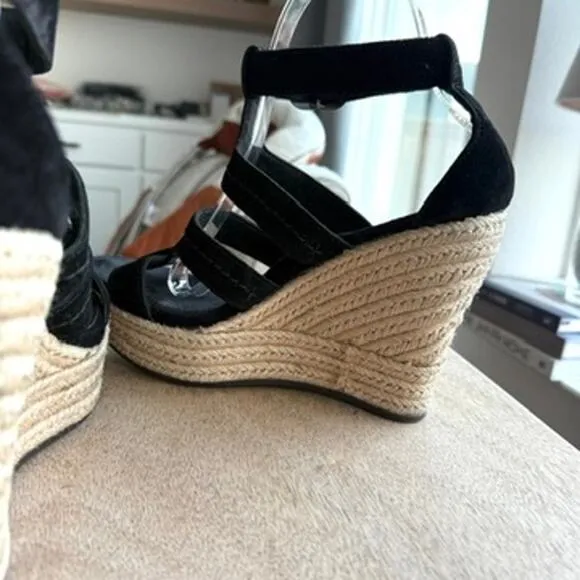 UGG Lauri Suede Platform Espadrille Wedge Sandals Black Strappy Buckle Size 7