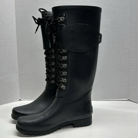 Ugg Madelyn Rain Boots 16&quot; Tall Lace Up Military Waterproof Boot Black Size 8