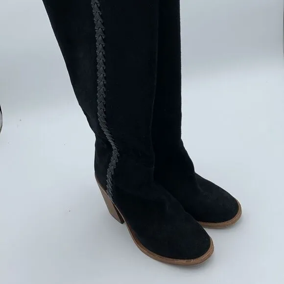 UGG Maeva tall heeled black suede leather boots braided details size 6.5
