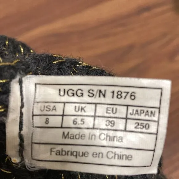 UGG NWOT Cardy Knit Boots in Black Tweed with Gold Metallic Thread. Size 8.