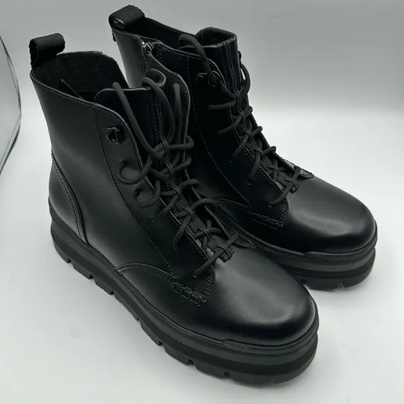 UGG SIDNEE BLACK WATERPROOF LEATHER COMBAT SHORT BOOTS*