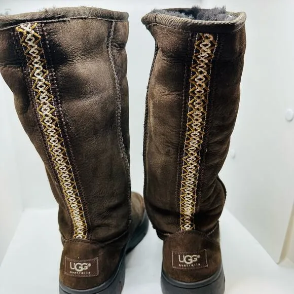 UGG Ultimate Tall Braided Back Chocolate Brown Suede Boots Size 6