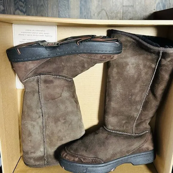 UGG Ultimate Tall Braided Back Chocolate Brown Suede Boots Size 6