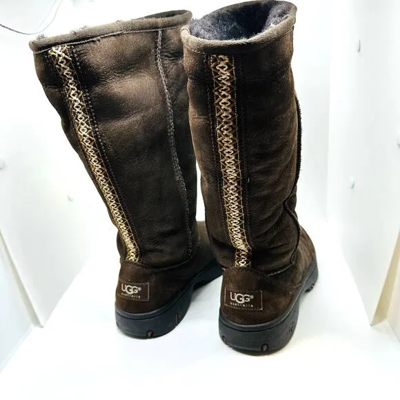 UGG Ultimate Tall Braided Back Chocolate Brown Suede Boots Size 6