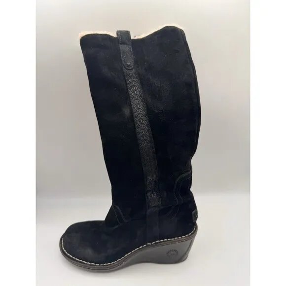 UGG Women’s Hartley Wedge Boots Tall Black Suede Leather Sheepskin Size 6