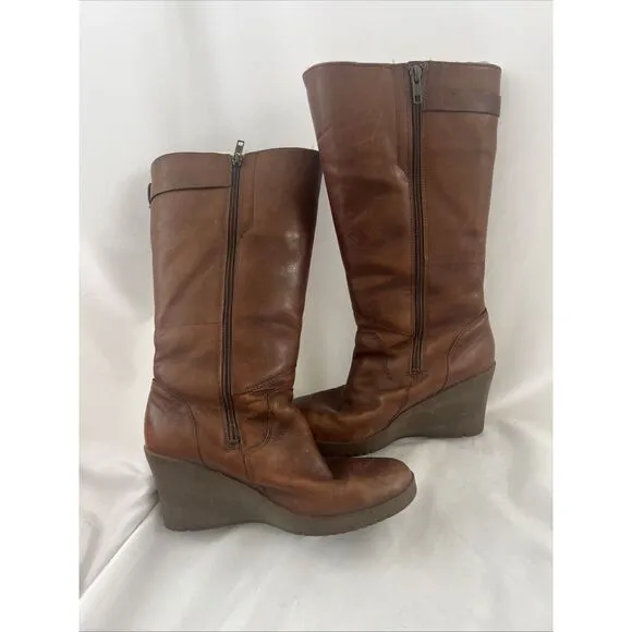UGG Women's Tan US9 Leather Sheepskin Wedge Heel Tall Boots Chestnut