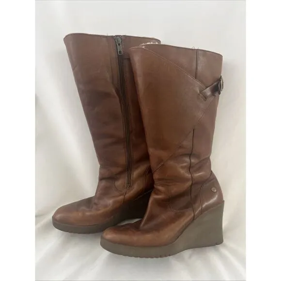 UGG Women's Tan US9 Leather Sheepskin Wedge Heel Tall Boots Chestnut