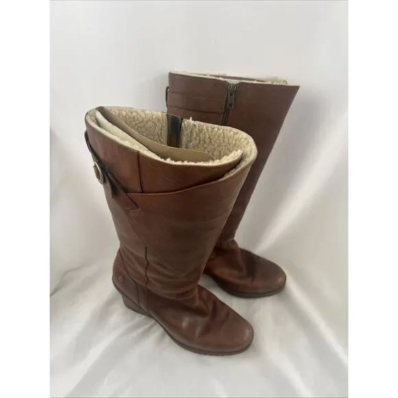 UGG Women's Tan US9 Leather Sheepskin Wedge Heel Tall Boots Chestnut