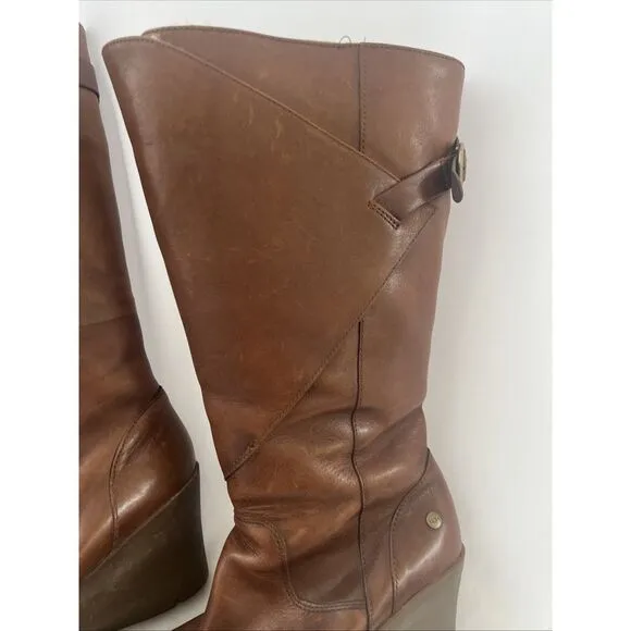 UGG Women's Tan US9 Leather Sheepskin Wedge Heel Tall Boots Chestnut
