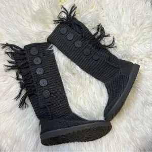 UGG Womens Fringe Boots Button‎ Tall Genuine Sheepskin Lining 1878 Dark Gray 6