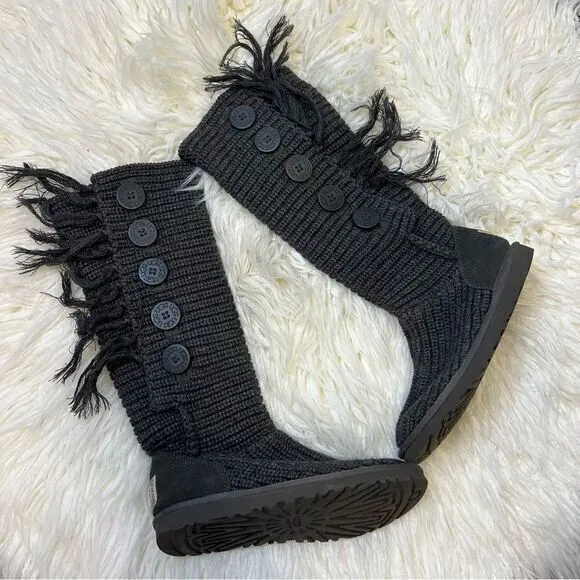 UGG Womens Fringe Boots Button‎ Tall Genuine Sheepskin Lining 1878 Dark Gray 6