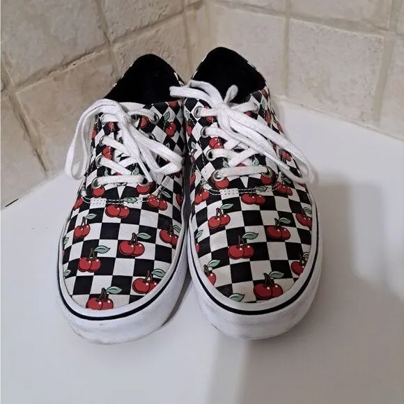 Vans Checkboard Black &amp; White Cherry Print Retro Shoes Size 8.5