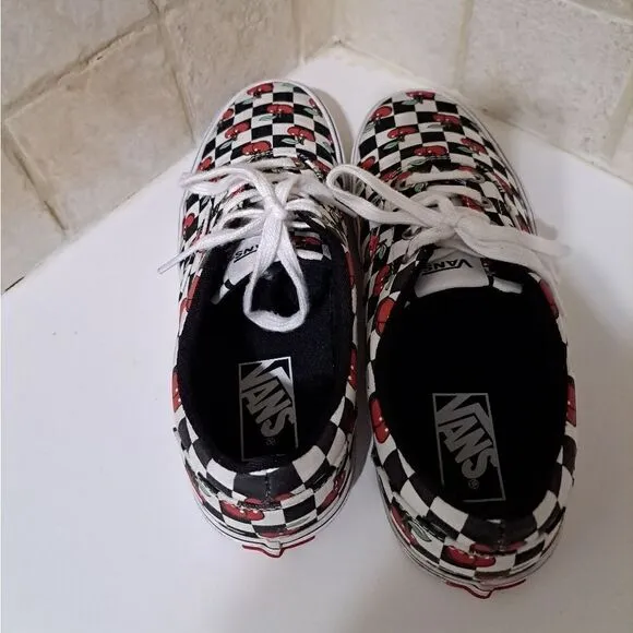 Vans Checkboard Black &amp; White Cherry Print Retro Shoes Size 8.5