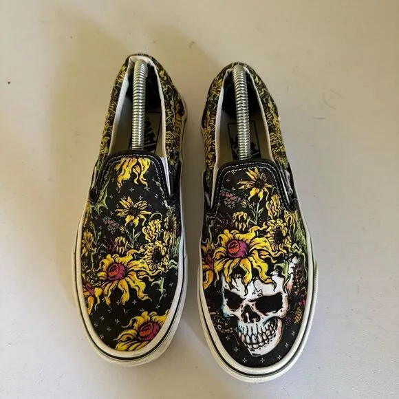 Vans Classic Beauty‎ Skull Sunflower Slip on Shoes Mens Sz 5 Women's Sz 6.5 Rare