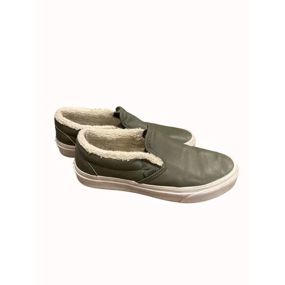Vans men’s 7.5 or womens 9 green leather fur lined low top shoes slip  SKU 6269