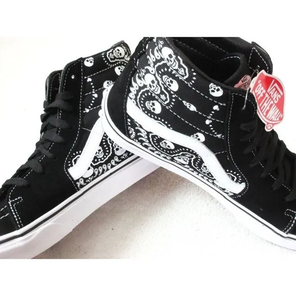 Vans Men's Sk8-Hi Bandana Skulls Black White Canvas Suede Skate shoes Sizes NIB